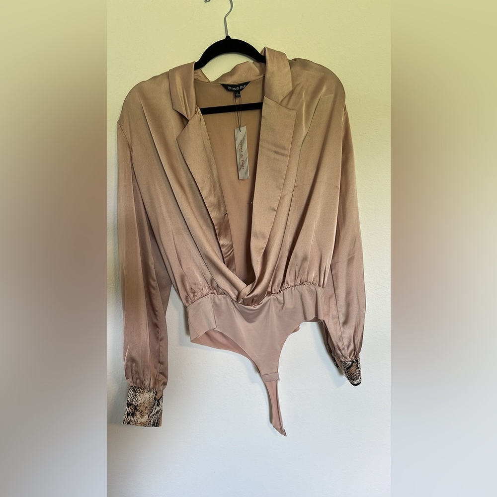 Tan Wrap Bodysuit with Notched Collar and Long Sleeves